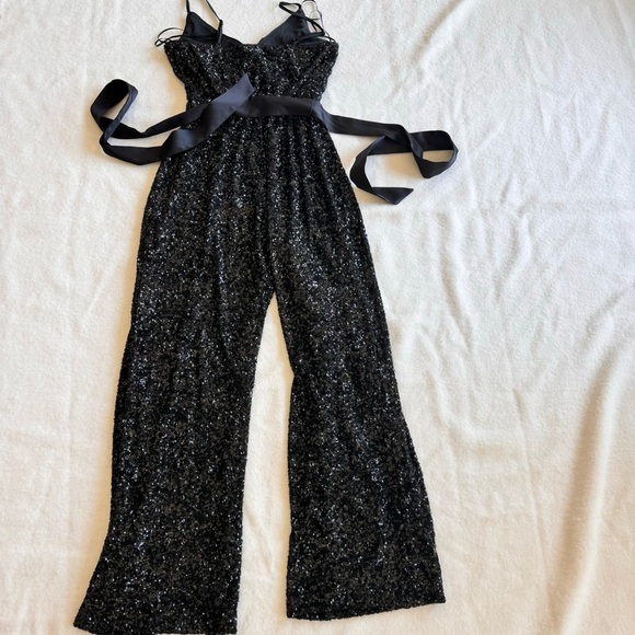Express Sequin V-Neck Tie Waist Wide Leg Jumpsuit Size XS - Picture 8 of 11
